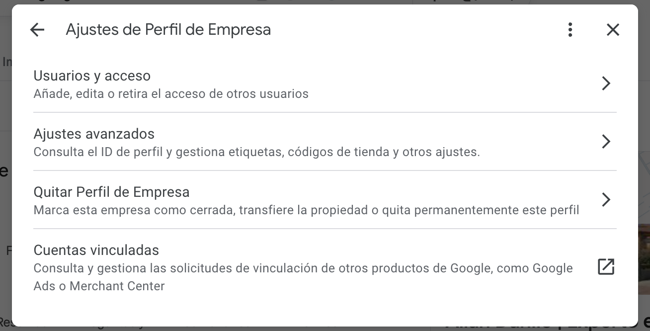 Captura de pantalla del panel de ajustes de Google Business Profile