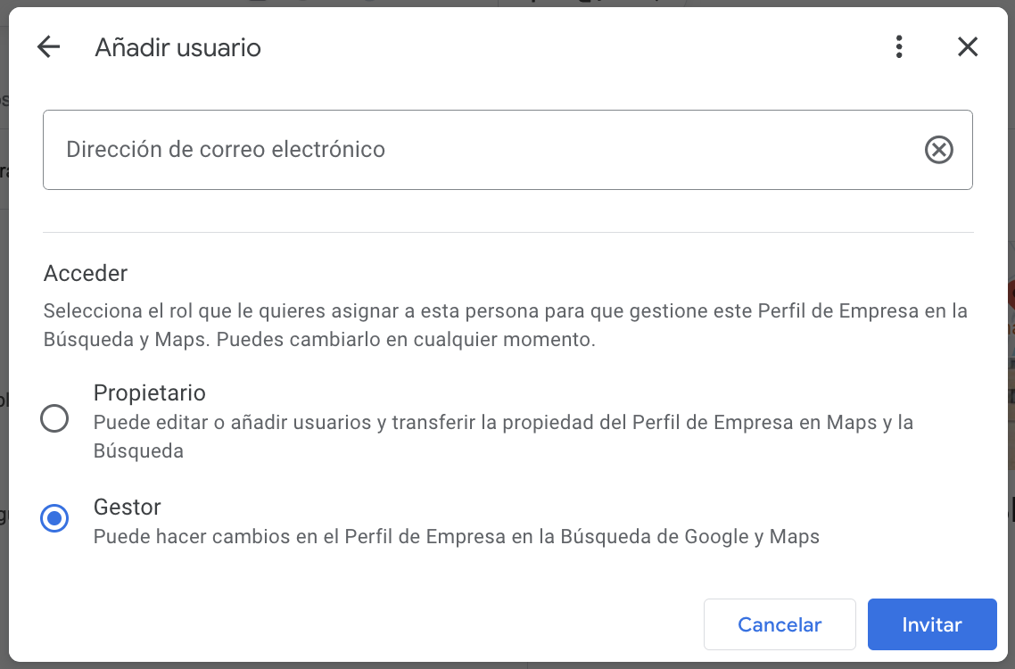como añadir un propietario o gestor al perfil de empresa en Google