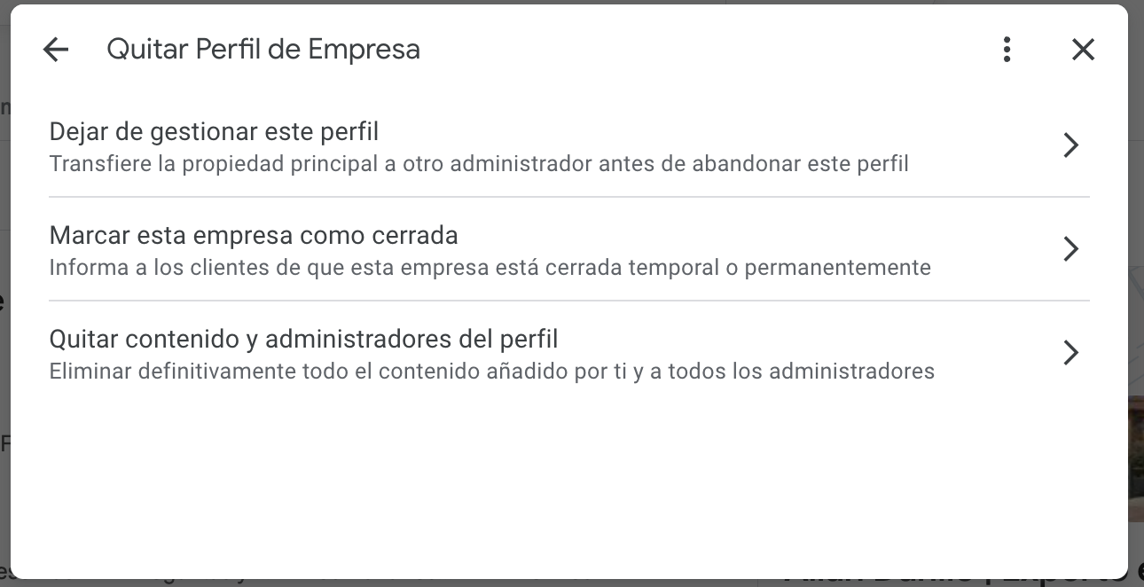 Captura de pantalla del panel Quitar perfil de empresa de Google